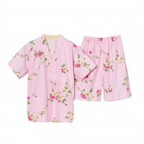 Pink Sweet Cotton Pajamas Suit Pullover Kimono Style Loose Home Wear Pajamas