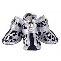 PU Non-slip Zipper Dog Boot Pet Casual Shoes, Silver Leopard Print