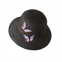 Women??s Butterfly Embroidery Beach Sun Hat Foldable Summer Straw Hat, Black