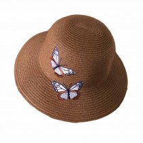 Foldable Summer Straw Hat Butterfly Embroidery Beach Sun Hat for Women, Brown