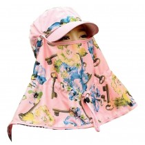 Women Face UV Protection Hat Outdoor Summer Sun Flap Cap Neck Cover Free Size (Pink-Flower)