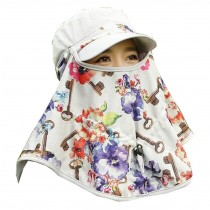 Women Face UV Protection Hat Outdoor Summer Sun Flap Cap Neck Cover Free Size (Grey-Flower)