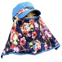 Women Face UV Protection Hat Outdoor Summer Sun Flap Cap Neck Cover Free Size (Blue-Flower)