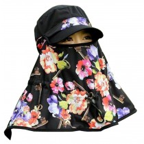 Women Face UV Protection Hat Outdoor Summer Sun Flap Cap Neck Cover Free Size (Black-Flower)